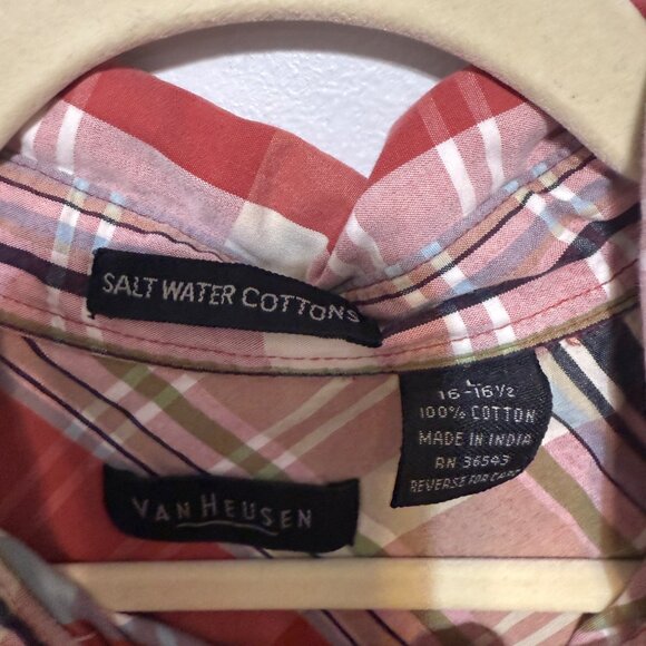 Van Heusen Salt Water Cottons Plaid Button-Down Short Sleeve Shirt L 16-16.5 - Picture 5 of 5